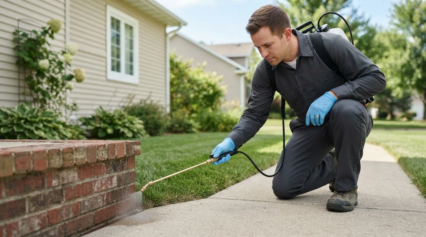 Pest control technician treating a home near Eldridge, IA