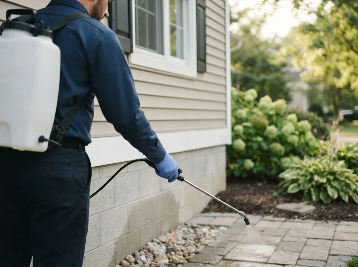 Pest control technician inspecting a home in Eldridge, IA